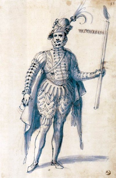 Kostuumtekening voor een mannelijke figuur met fakkel door Giuseppe Arcimboldo